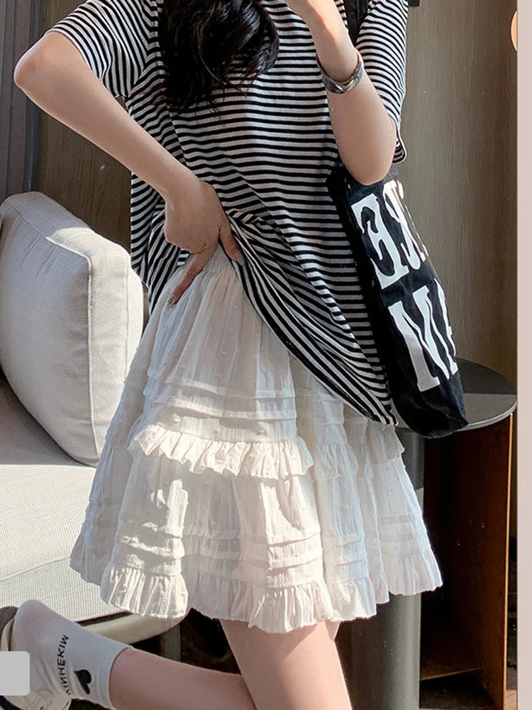 

Sweet Ballet White Skirts Women Summer Slim Cute A Line Cake Skirt Fashion Elegant kawaii Ruffles Lady Short Mini Skirts