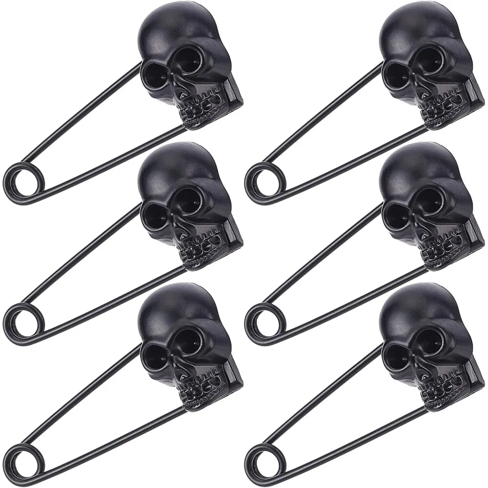 6PCS Black Skull Head Safety Pins Brooches Pins Bulk Zinc Alloy Coiless Safety Pin for Halloween Blankets Scarves Sweater