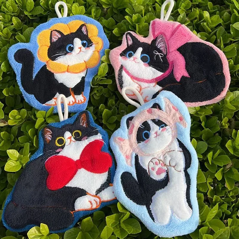 Kawaii Cat Hand Towel Coral Velvet Thickened Absorbent Small Towel Cute Decorative Washcloth for Kitchen Bathroom Toilet