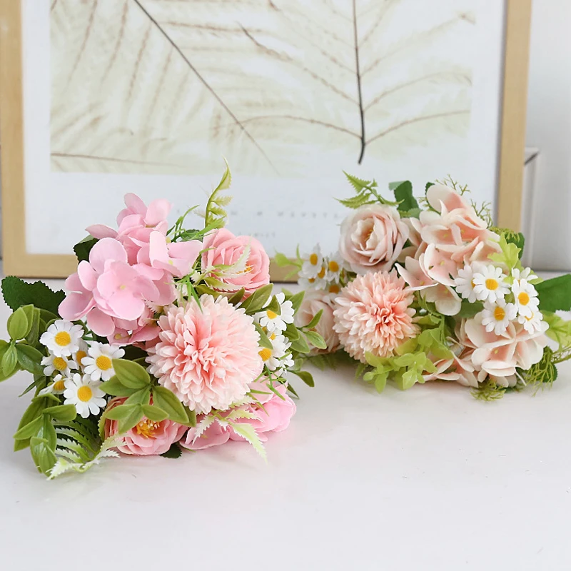 New Multicolor Mixed Flower Beautiful Pink Artificial Flower Hydrangea Dandelion SilkFake BouquetHome Wedding Decoration