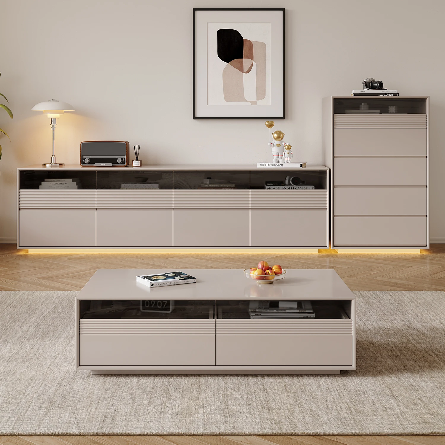 أرضية من الخشب الصلب النقي، خزانة تلفزيون بطبقة مزدوجة، طاولة قهوة لغرفة المعيشة، خزانة أرضية بلاطة صخرية كريمية للرياح #2