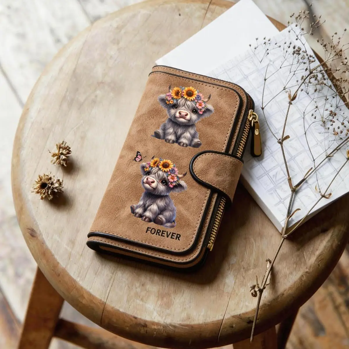 Highland Cow Print Wallet Women Long Zipper Buckle Handbag Coin Purse PU Leather Multi-Card Holder Cute Large Capacity Bag Gift
