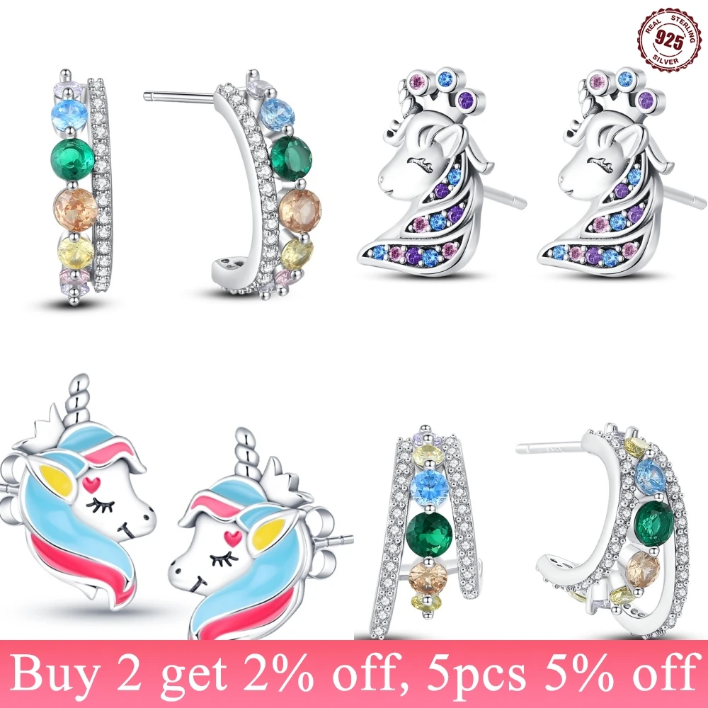 925 Sterling Silver Earrings Rainbow Horse U Shape Zircon Stud Jewelry For Women Sparkling Earring Wedding Women S925 Jewelry