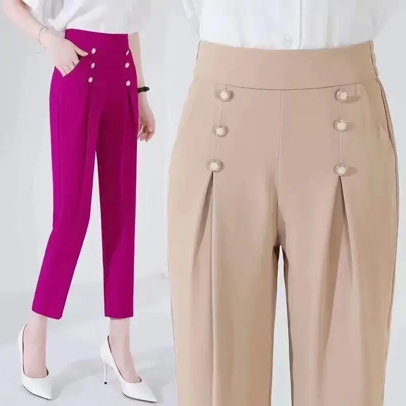 

Spring and Autumn Women's Solid Color Elastic Slim Thin High Waist Classic Halun Pants Fashion Casual Commuter Trousers