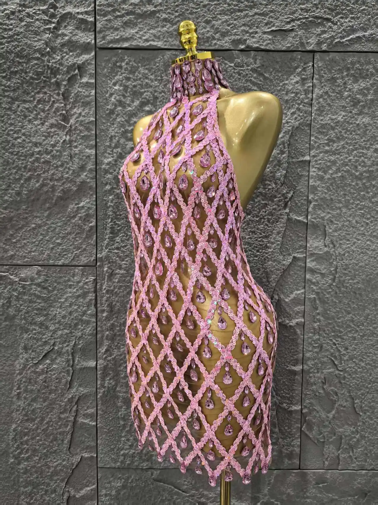 Pink Mesh Sequins Backless Transparent Rhinestones Dress Luxury Evening Party Birthday Prom Celebrate Gold Outfit Singer Costume