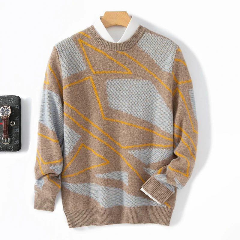 Autumn Winter Wool Men's Round Neck Color Matching Sweater Thickened Jacquard Business Casual Cashmere Knitted Bottoming Shirt