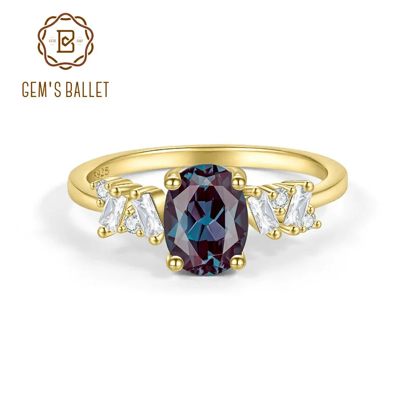 

GEM'S BALLET Овальная огранка 6x8 мм, меняющее цвет, лабораторное обручальное кольцо с александритом, позолоченное 14 карат, стерлинговое серебро 925 пробы, июнь, камень