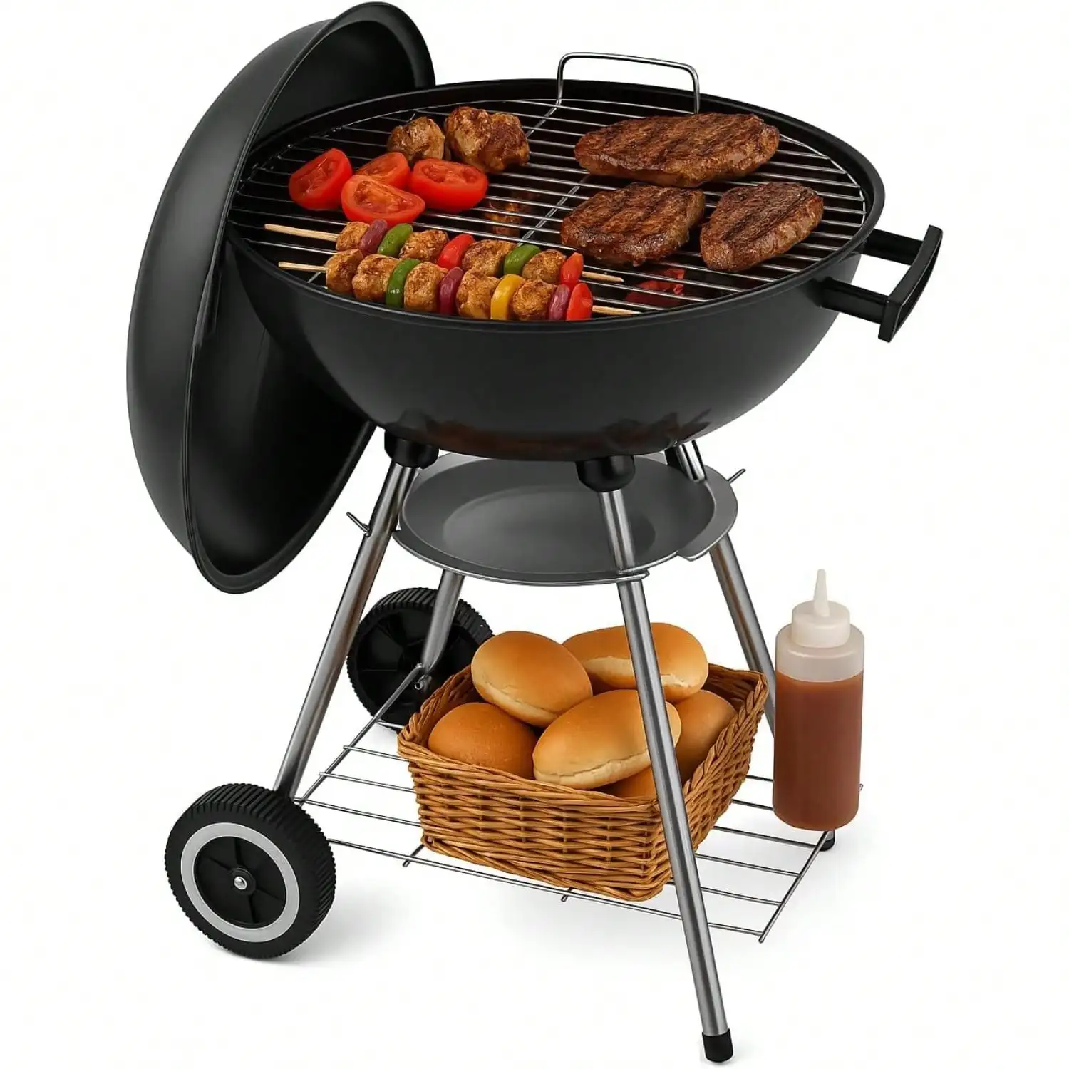 

18-дюймовый портативный угольный гриль – прочный круглый гриль для барбекю с утолщенной чашей для жарки, надежный, с 4 ножками и колесами, для небольших участков