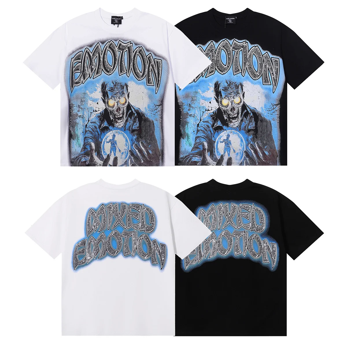 American Style Mixed Emotion Skull Man Retro Rhinestone Letter Trendy Brand High Street Pure Cotton Short Sleeve T-Shirt