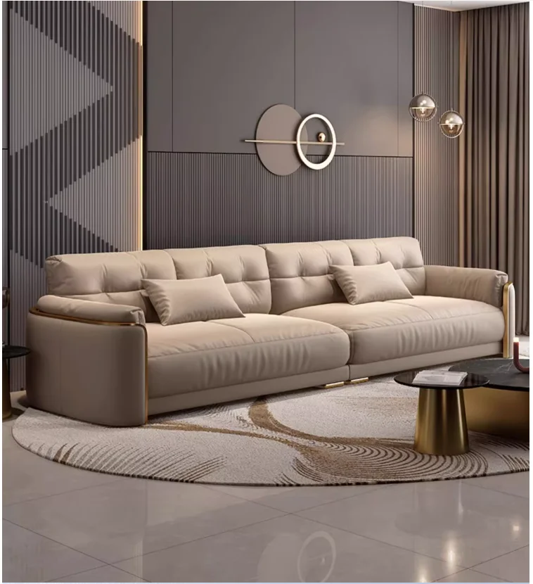 

High-end modern Italian minimalist light luxury Waranpa leather cloud sofa living room straight row retro coffee color