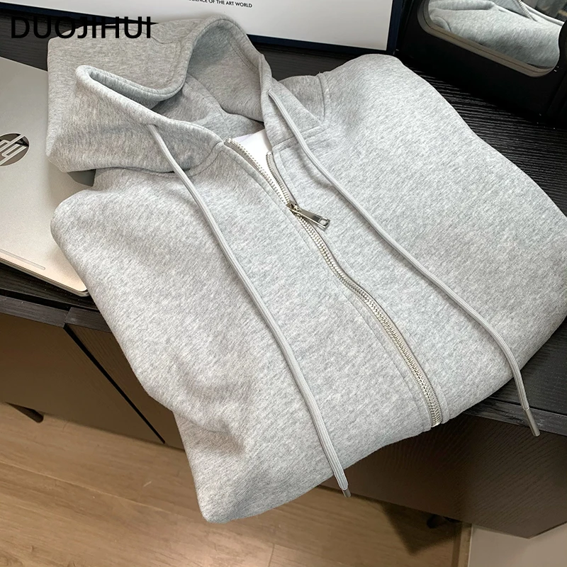 DUOJIHUI Two Piece Grey Chic Hooded Loose Female Hoodies Autumn Fashion Drawstring Skirt Loose Solid Color Zipper Women Hoodies