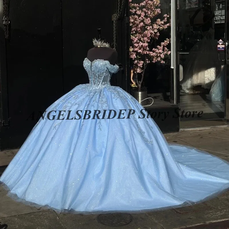 ANGELSBRIDEP Sky Light Blue Quinceanera Dresses For 16 Years Old Party Princess Appliques Lace Beads Birthday Party customized