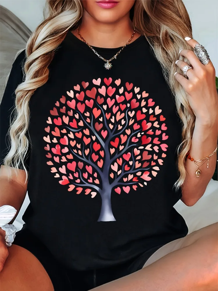 

Women's Love Tree Print T-Shirt Valentine's Day Casual Round Neck Geometric Pattern Summer Top The Perfect Gift for Your Lover