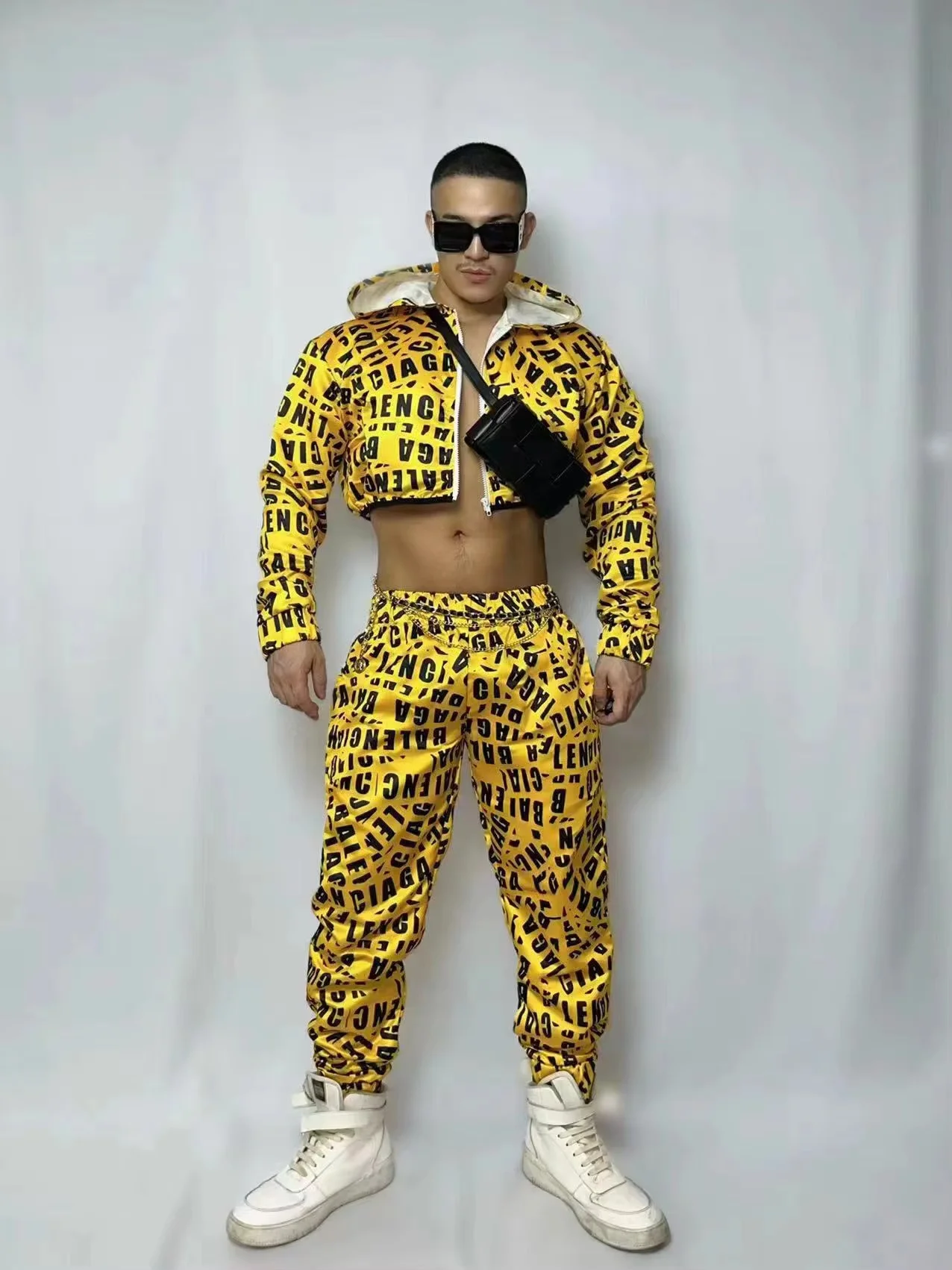 Men's Yellow Letter printed Hooded Suits Costumes Party Show DJ hip-hop Jazz Dance Outfit Nightclub Stage Performance Costumes