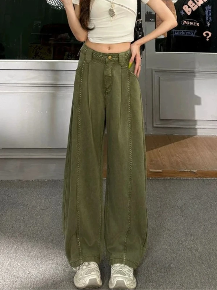 

High Waist Wide Leg Jeans Women's Military Green Knife Casual Loose Fit Summer New Style Straight Tube Jeans