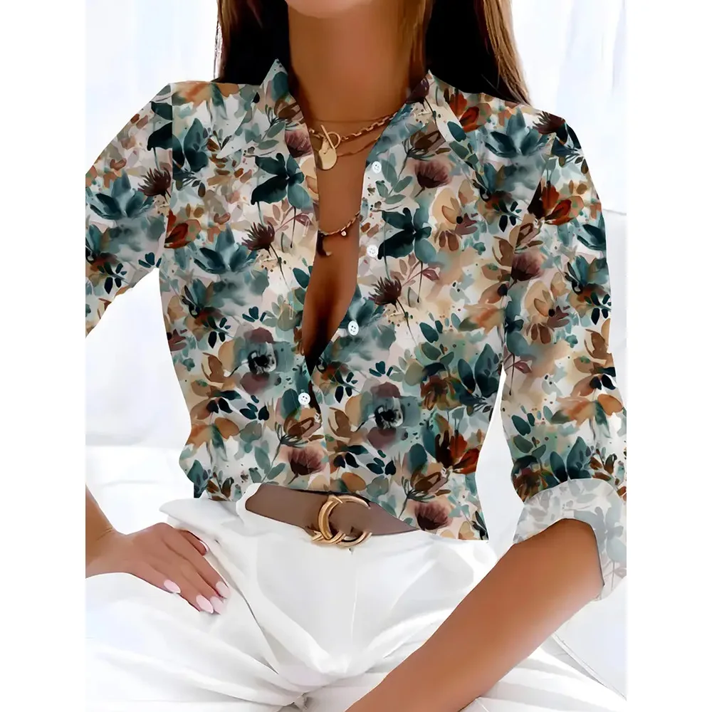 Fashion 2024 New Women\'s Long Sleeve Shirts 3d Floral Print Single-Breasted T-shirts Button-Up Blouse Elegant Loose Lapel Shirts