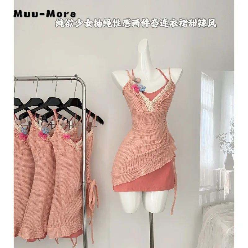 2024 Summer Women's Sexy Fake Two Piece V-Neck Sheath Suspender Dresses Hotsweet High Waist Chiffon Pink Party Club Dress