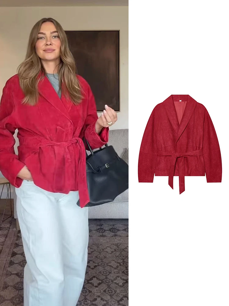 TFMLN New Women Jacket Turn Down Collar Faux Suede Long Sleeve Belt Coat Chic Commuting High Street Vintage Female Outerwear