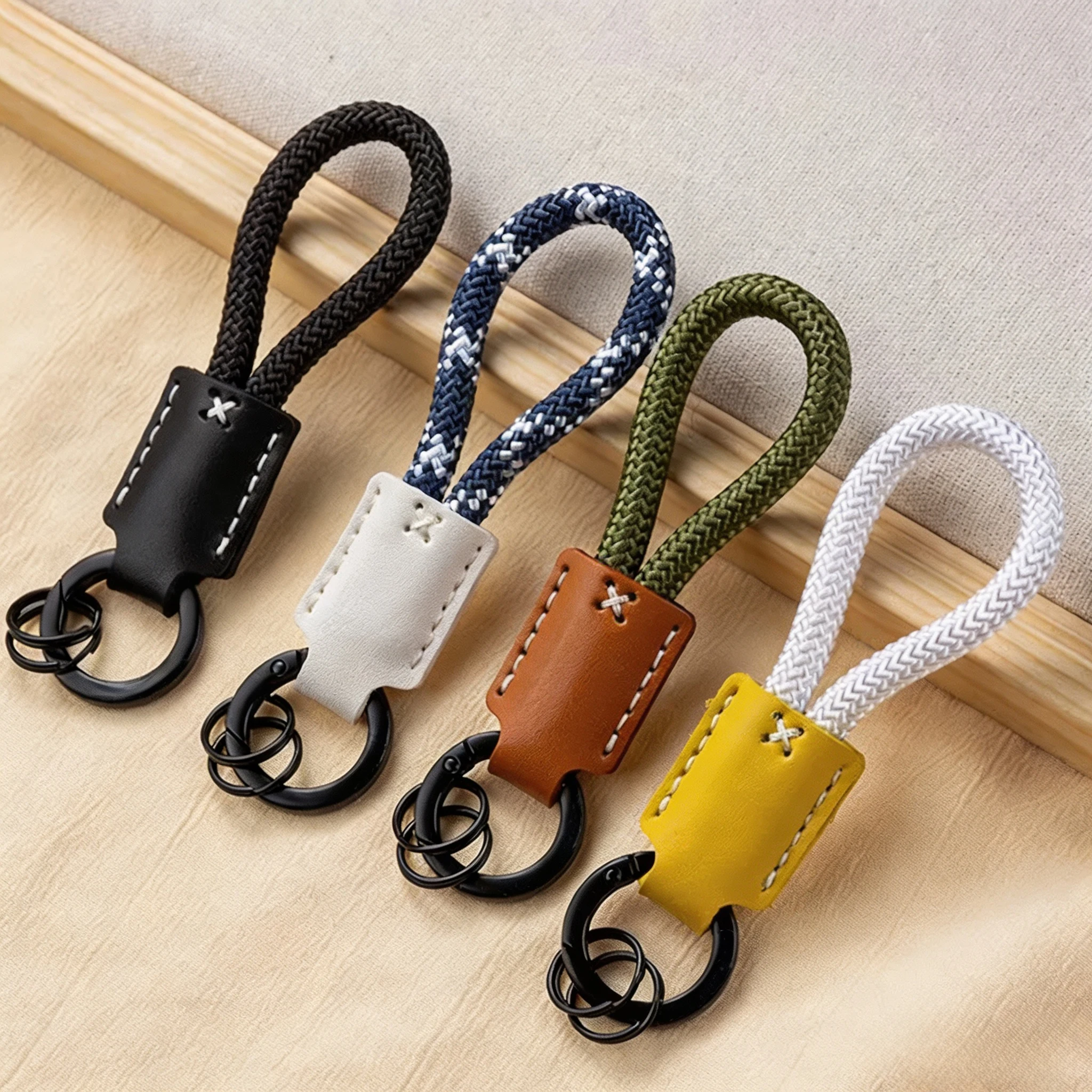 High-quality woven leather cord keychain—suitable for car keys, couples, wrist straps, or backpack charms.