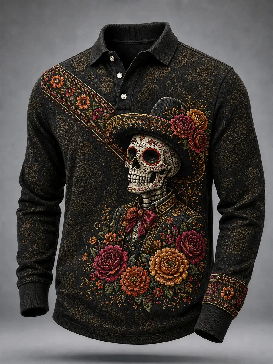 New Men's Autumn Halloween Long-Sleeve Polo Shirt Vintage Floral Skull Print Button-Down Collar Festive Party Street-Style Top