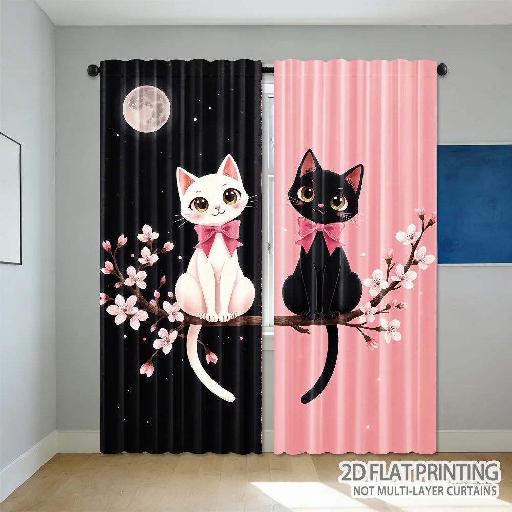 Sakura Bow White Black Cat Curtains 2 Panels, Full Moon Star Cherry Blossom Black Pink Split Background for Girl Bedroom Curtain