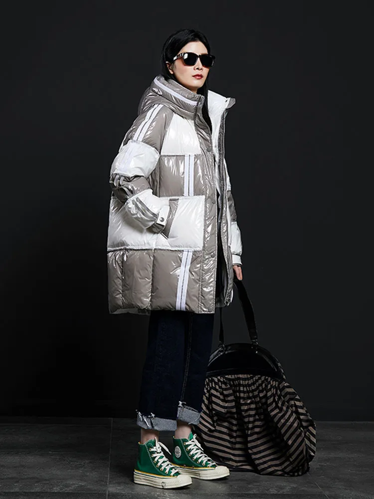 Winter Women New Long Hooded Down Jackets Female Patchwork Thicken Warm Outerwear Ladies Glossy White Duck Down Coats