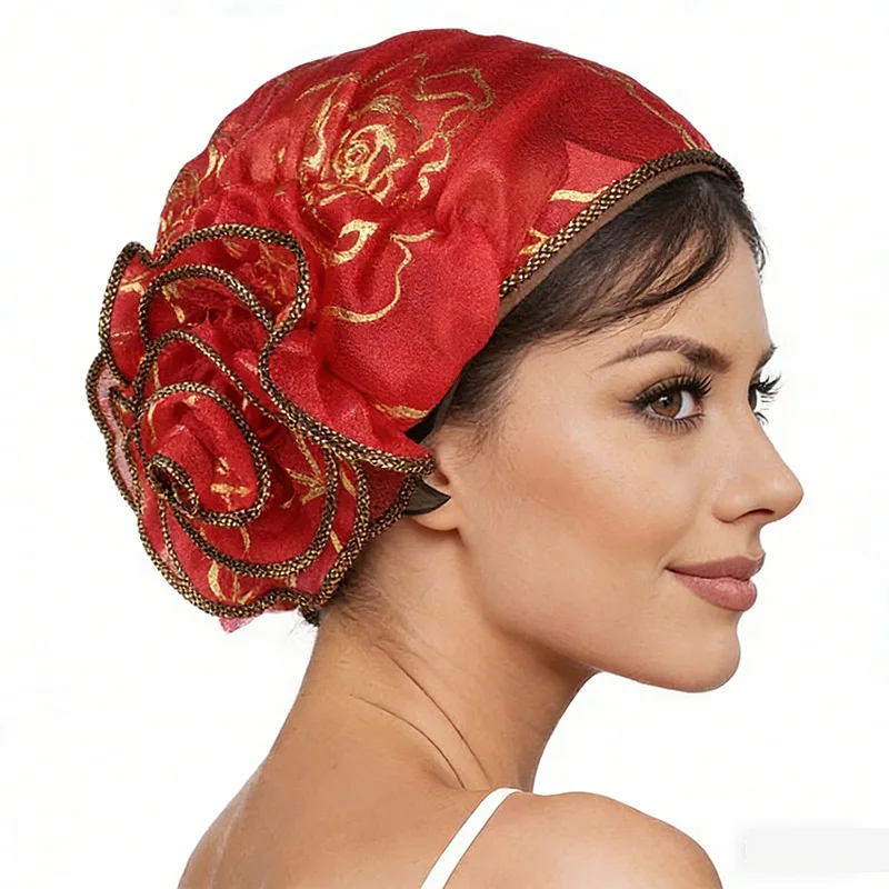 Muslim Islamic Bronzing Flower Elastic Turban Women's Hat Beanie Head Scarf Wrap Chemo Cap Casual Hair Bonnets Hijab Caps