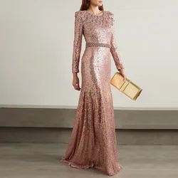 Rose Gold Mermaid Evening Dress Customized Long Sleeves Crystal Stones Sweep Train Formal Occasion Gown Saud Arab Prom Dresses