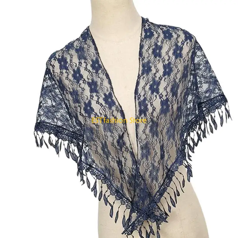 

Y5GC Multiuse Spring Lace Shawl With Delicate Flower Pattern Designs And Fringe Great For Fashion Women Daily Wear and Party