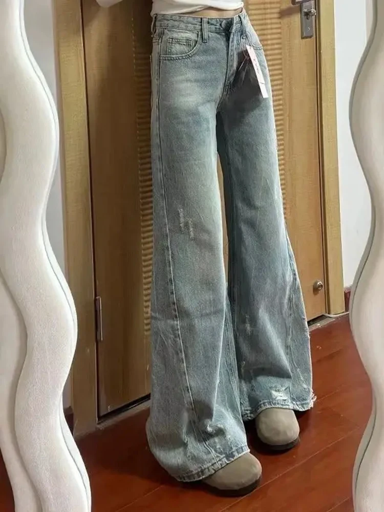 Y2K wijde pijpen jeans dames gewassen Amerikaanse retro hoog getailleerde broek versleten rechte pijpen herfst ontwerp slim fit