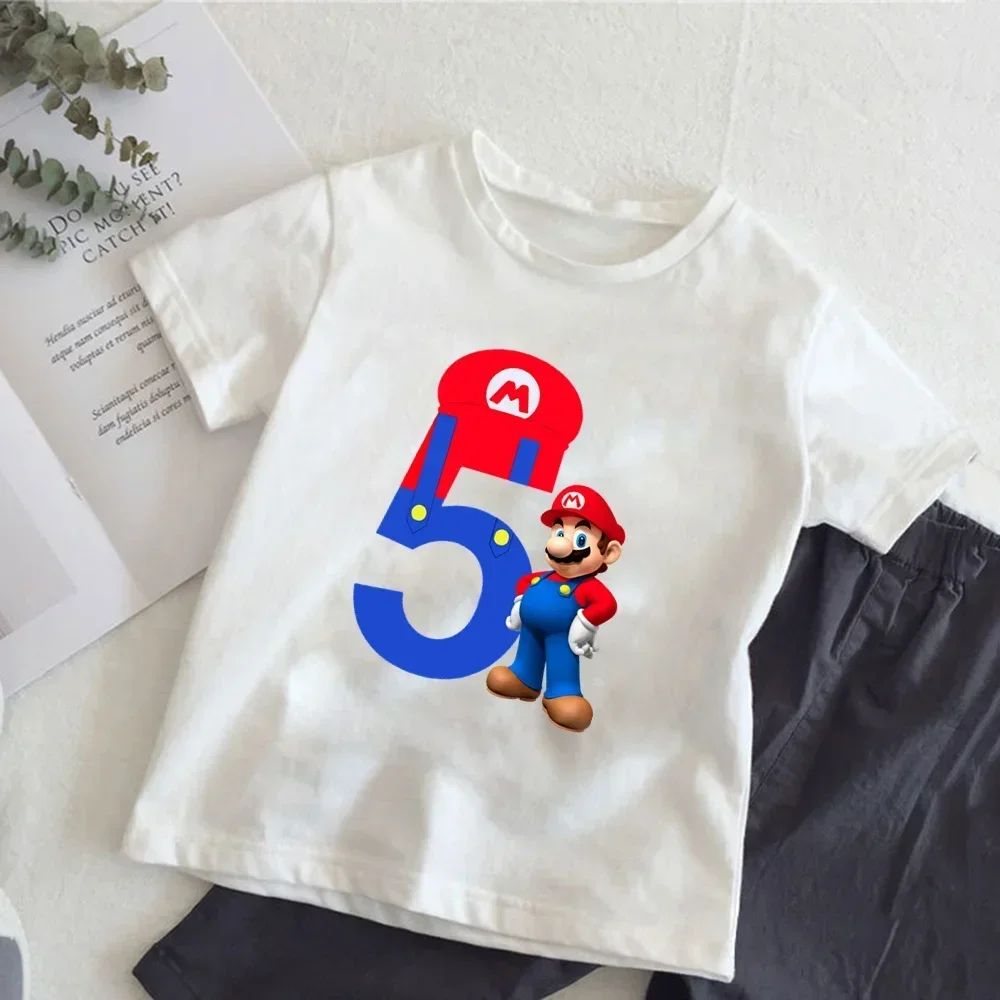 Super Mario T-shirt Anime Birthday Lucky Number Print T Shirt Cute Children Clothing Tops Toddler Tees Casual Clothes Tops Tees