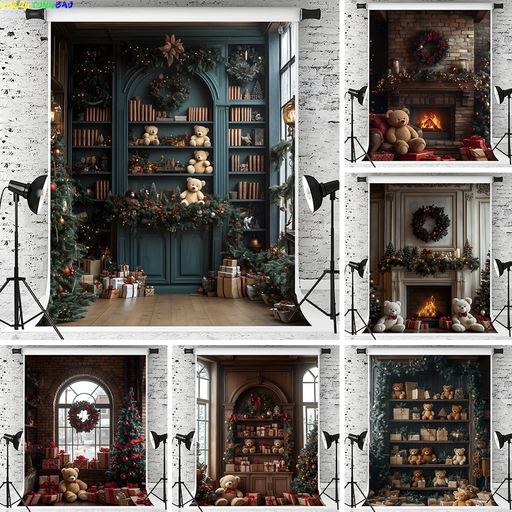 Fondos de fotografía de Navidad 2024 Feliz Navidad chimenea oso árbol de Navidad decoración interior Banner retrato de niño foto Prop