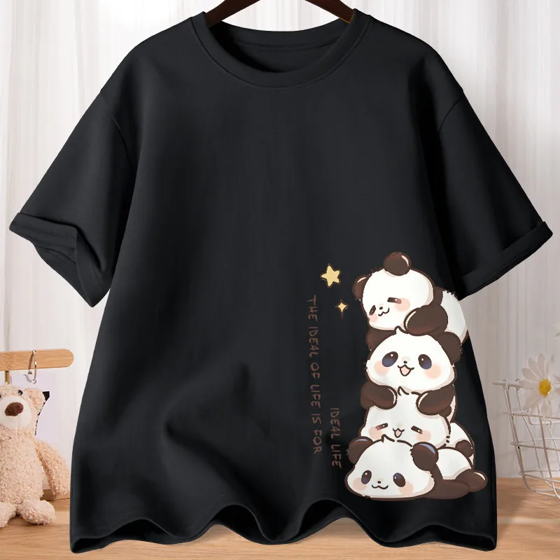 Summer Cartoon Cute Treasure Panda Sweet Printed Short Sleeve T-shirt Women\'s Loose Leisure Soft Bottom Oversized Shirt Top
