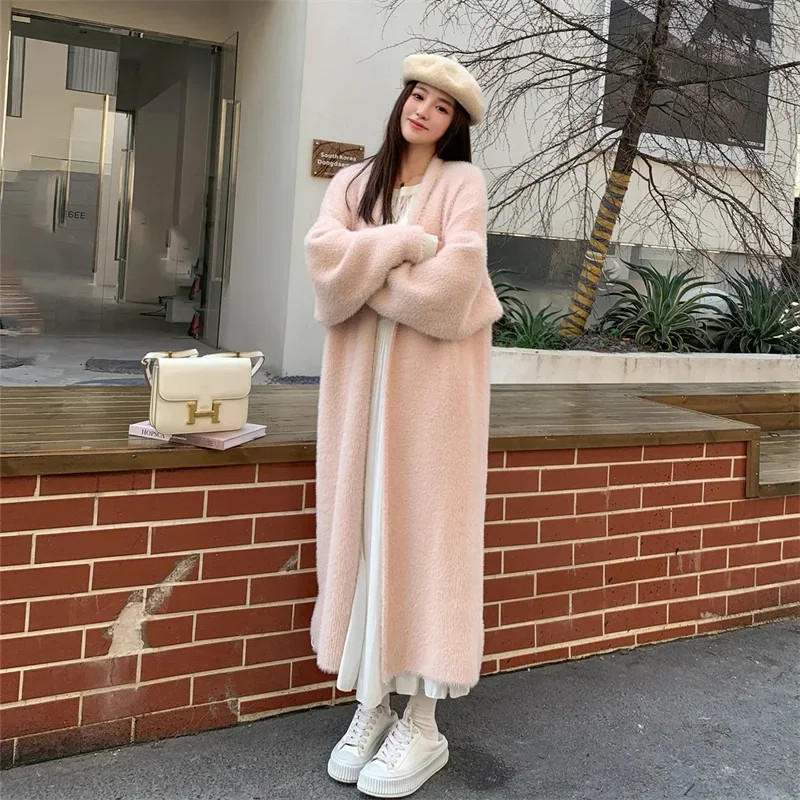 2023 Autumn/Winter Lazy Style Loose Knee Length Thickened Pure Imitation Mink Fleece Knitted Sweater Cardigan Coat Women's Coat