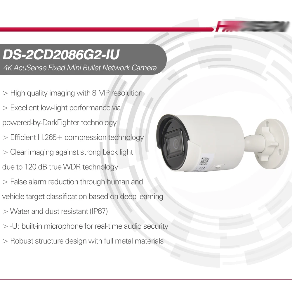 Hikvision IP Camera 8MP DS-2CD2086G2-IU POE 4K Acusense CCTV Bullet Human and Vehicle Targets Classification Built-in Microphone