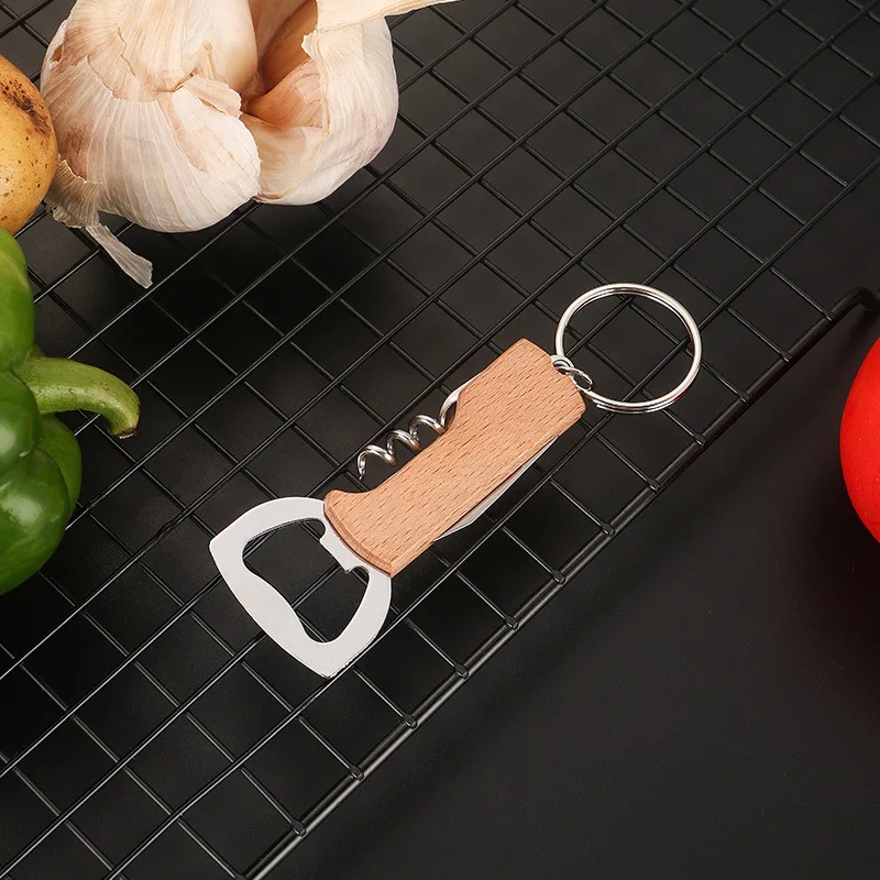 Creative Keychain Beer Bottle Opener Stainless Steel Multifunctional Wooden Handle Corkscrew Wine Opener Bar Party Accessories