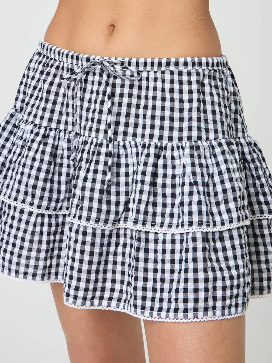 Womens Plaid Mini Skirt Elastic Waist A-line Layered Ruffle Skirt Casual Streetwear