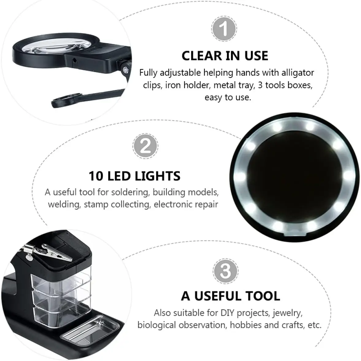Led Light Helping Hands Magnifier Station 3X/4.5X /25X Magnifier Soldering Station Kit with Alligator Clips and Clamp for Repair