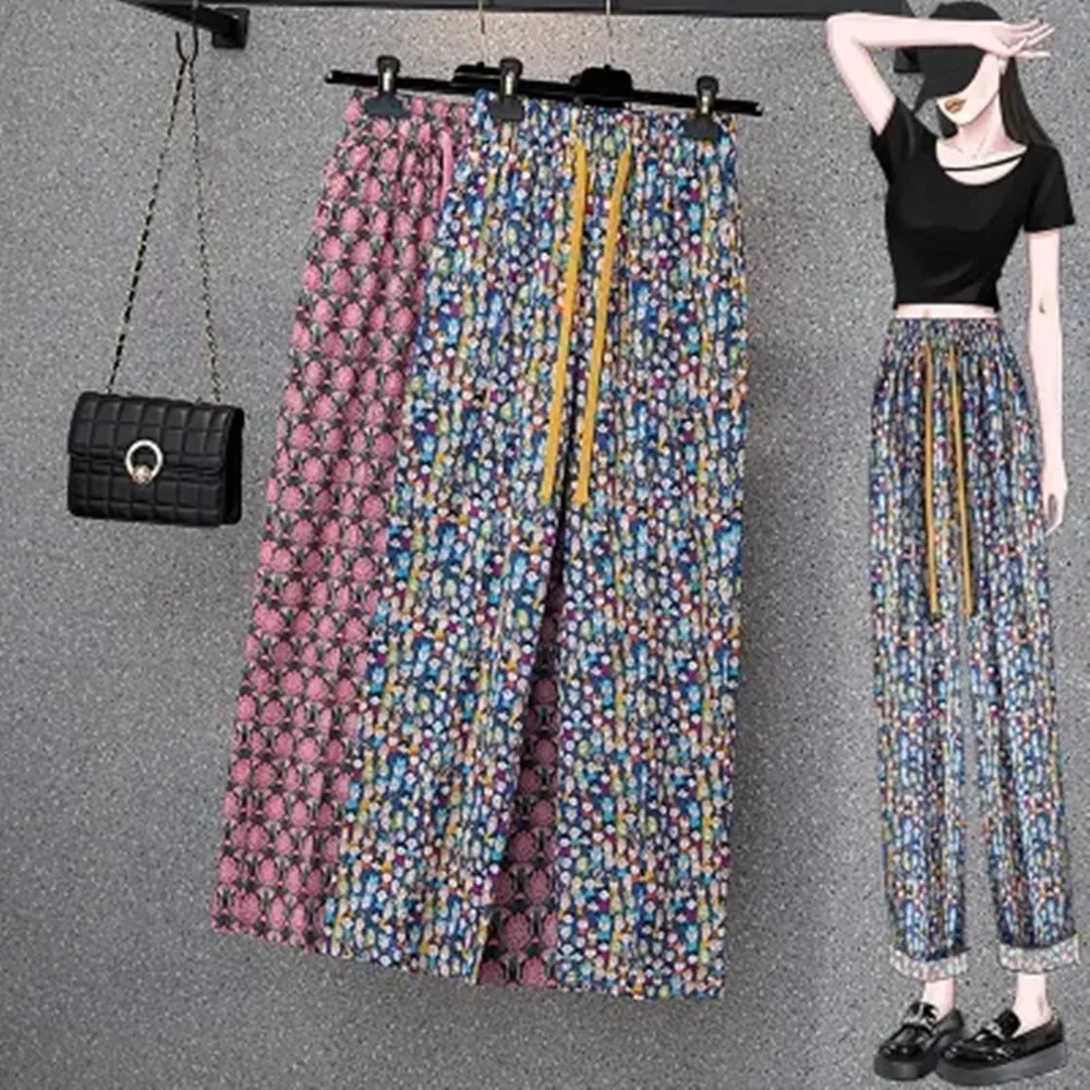 

Summer Printed Straight-leg Wide-leg Pants Women Thin Loose Cropped Mosquito Pants High Waist Casual Cool Pants Y2k Fashion ﻿