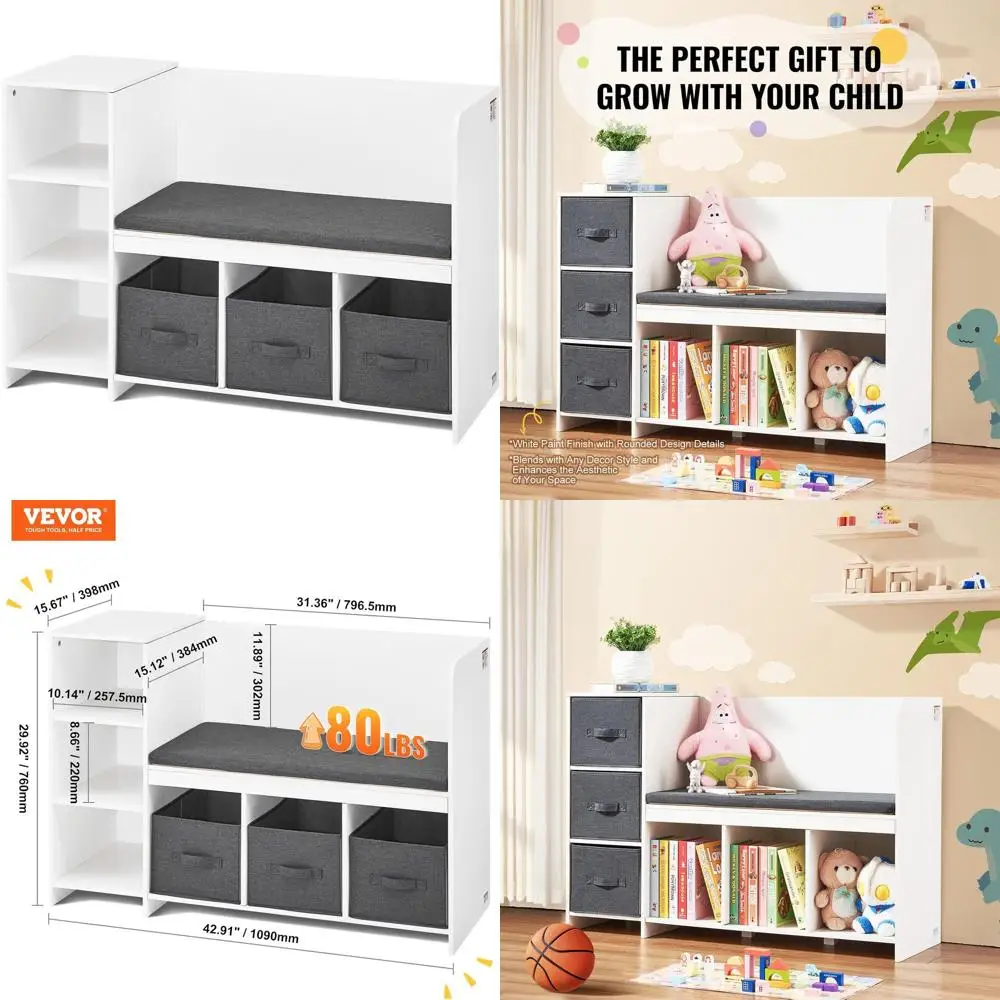 子供用読書コーナーベンチ、収納とクッション付き、6つのコンパートメントオーガナイザー、3つの引き出し付き本棚、プレイルーム、ベッドに最適