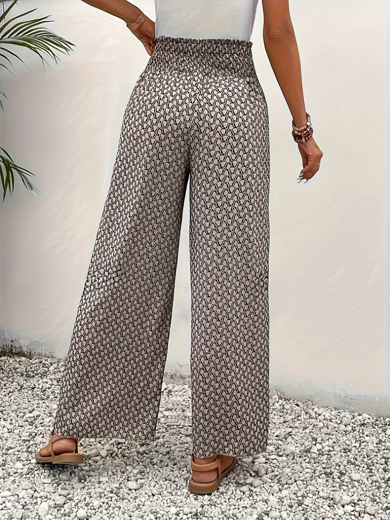 Spring Summer Women Elegant Wide Legs Pants Casual Vacation Beach Print Trousers Office Lady Loose High Waist Pants