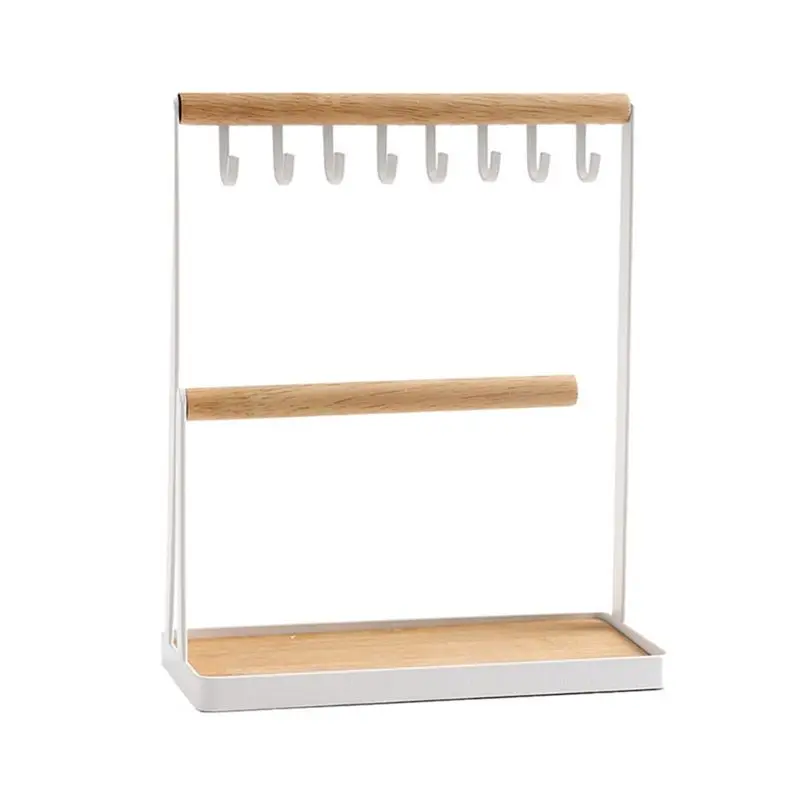 ABLU-3 Tier Table Top Necklace Holder Necklace Holder Stand With Jewelry Tray Base, White Metal And Wood Basic