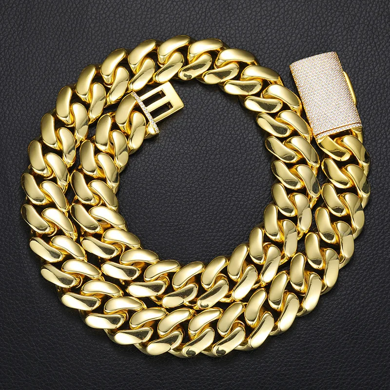 

Hip Hop New 5 Size Width Real Gold Electroplated 925silver Large Cuban Chain Inlaid with Full Zircon Button Necklace