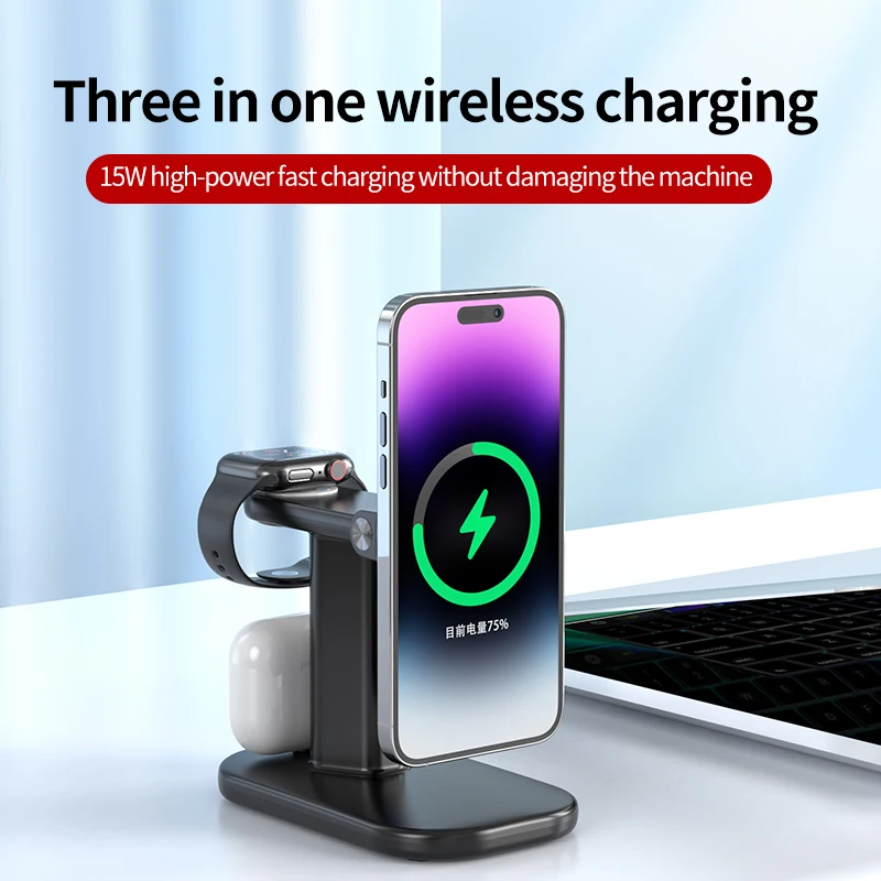 New Fast Magnetic Wireless Charging Station 3 in 1 Mag-Safe Charger Stand for iPhone 15/14/13/12 Pro Max Watch Airpods Pro