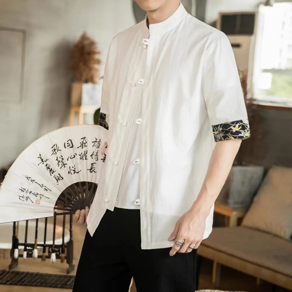 Loose-fitting Shirt Chinese-style Shirt Vintage Chinese Style Men's Shirt with Knot Buttons Stand Collar Printed Cuffs Plus Size