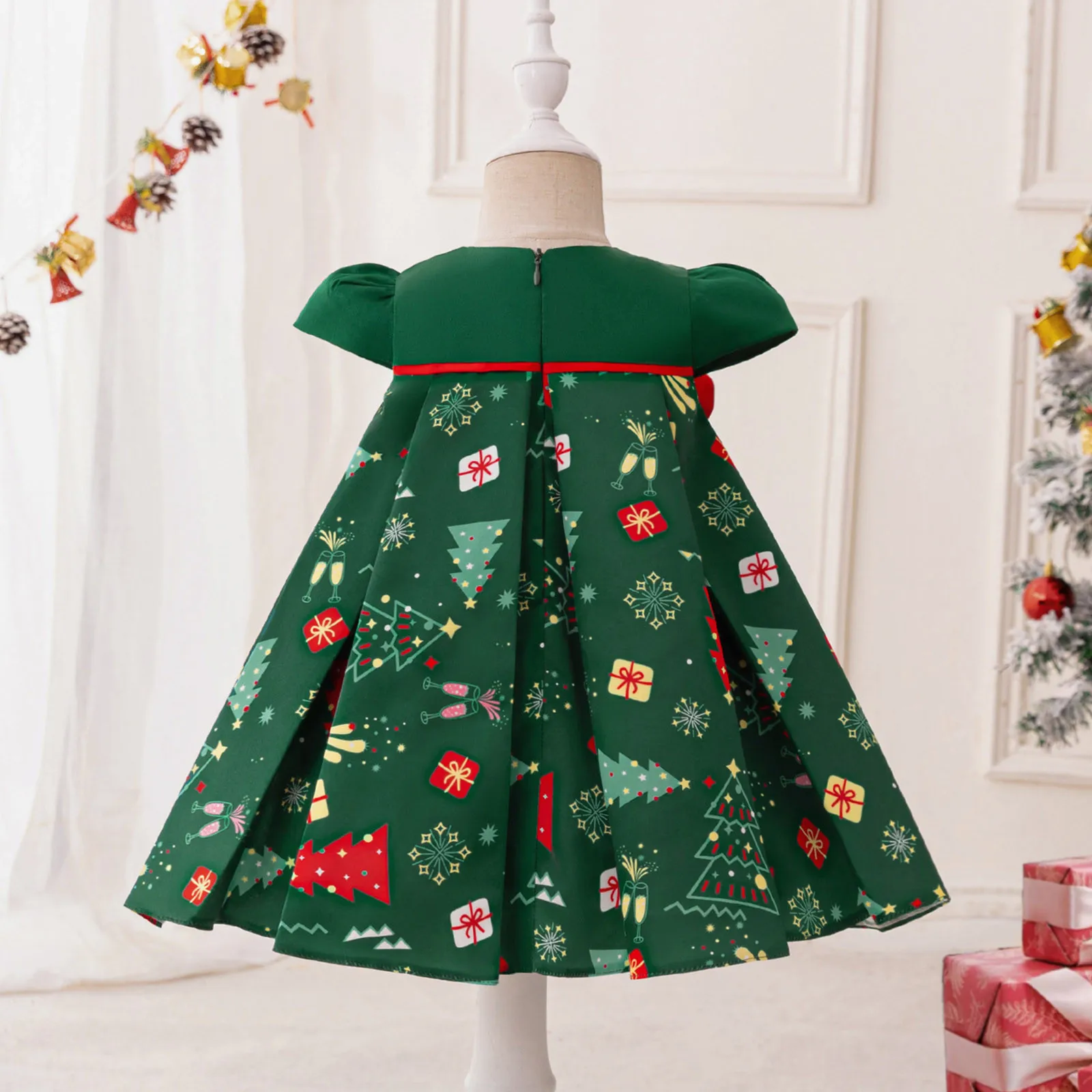 0-3 Years Infants Baby Girl Christmas Costume Red Bow Christmas Tree Modeling Prom Performance Dress Newborn Kids Princess Dress