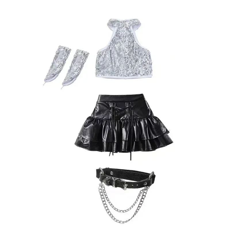 Mädchen K-Pop Silber Pailletten Top Leder Goth Röcke Kleidung Kinder Hip Hop Street Dance Kostüm Kinder Mädchen Gruppe Streetwear Sets