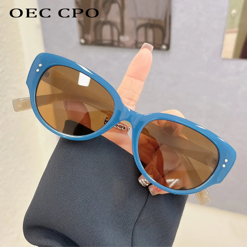 

OEC CPO Vintage Cat eye Sunglasses Women 2023 Ins Popular Fashion Rivets Eyewear Female Shades UV400 Trending Brown Sun Glasses