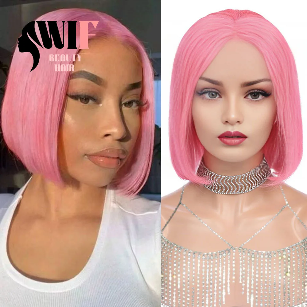 

WIF Розовый Прямой Боб Парик Шнурка Короткие Волосы Прямой Боб Синтетические Натуральные Волосы Тепловолокно Кружева Фронтальные Парики Косплей Розовый Боб