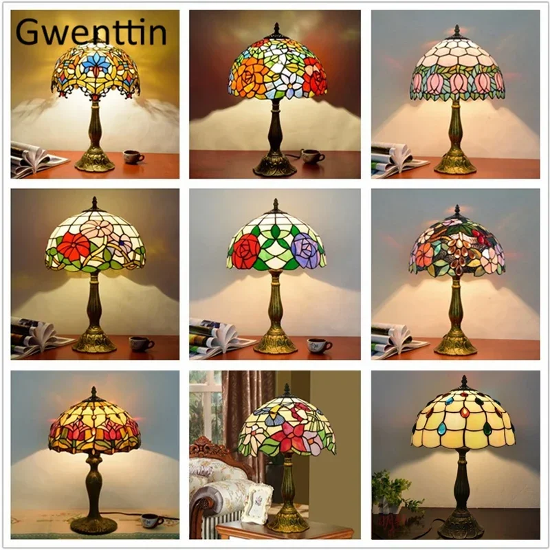 Vintage Tiffany Table Lamps Mediterranean Baroque Stained Glass Led Stand Desk Light Fixtures Bedroom Bedside Lamp Home Decor